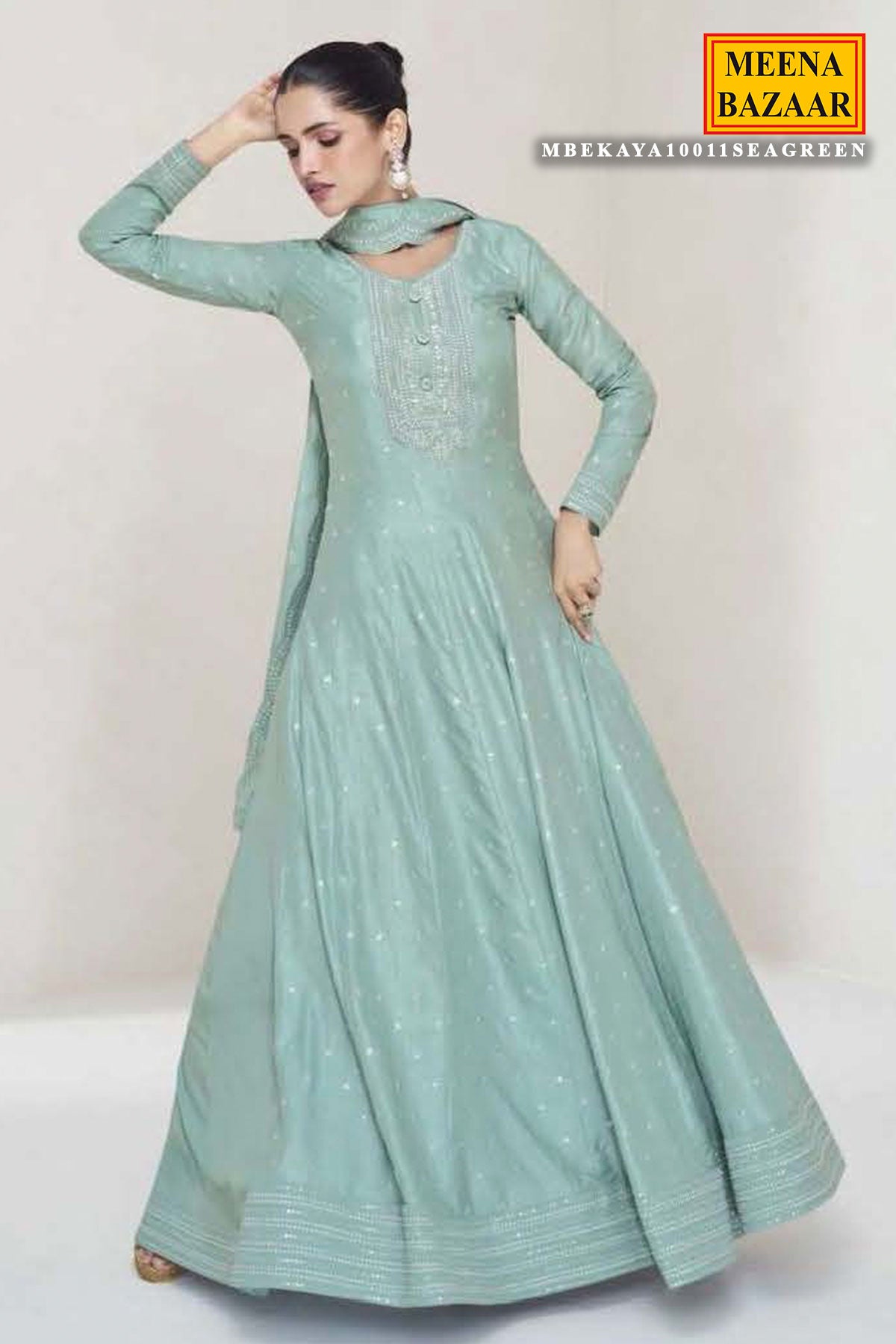 Sea Green Silk Sequin Embroidered Anarkali Gown