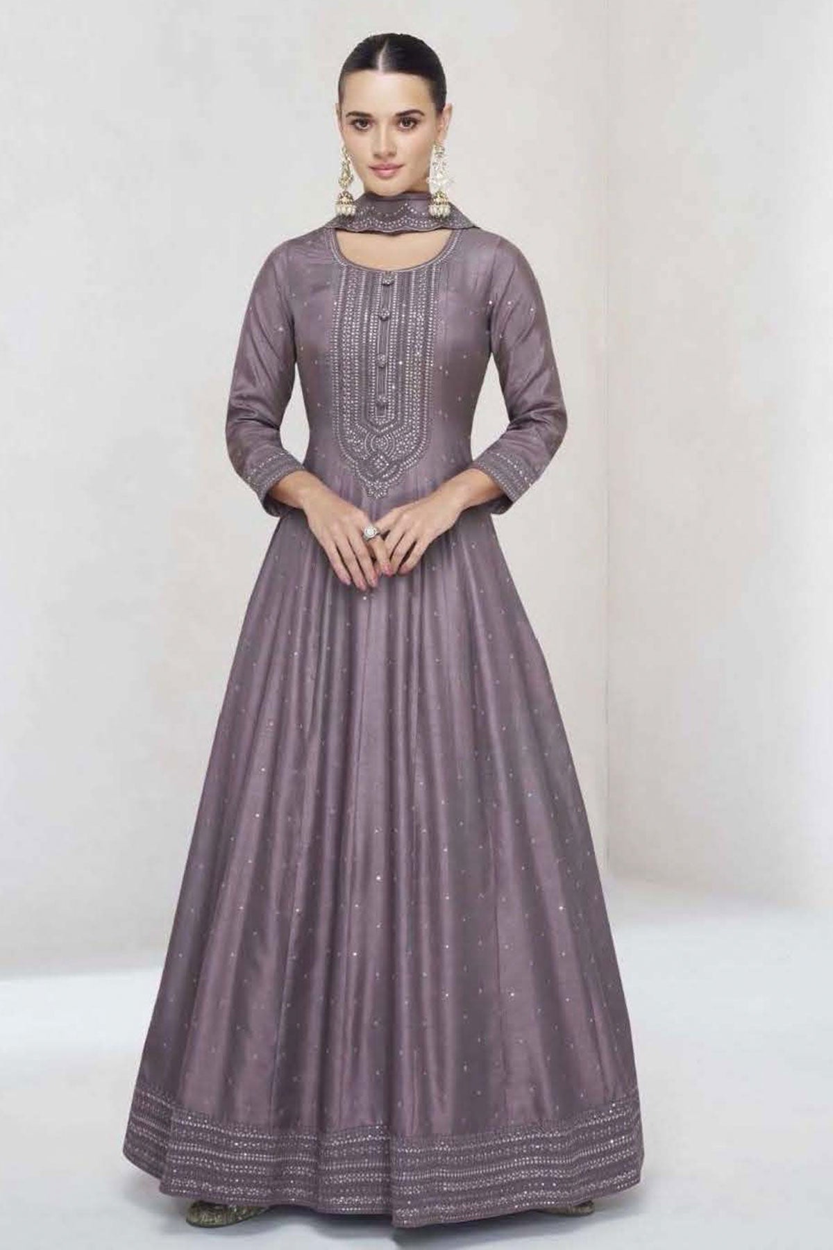 Mauve Silk Sequin Embroidered Anarkali Gown