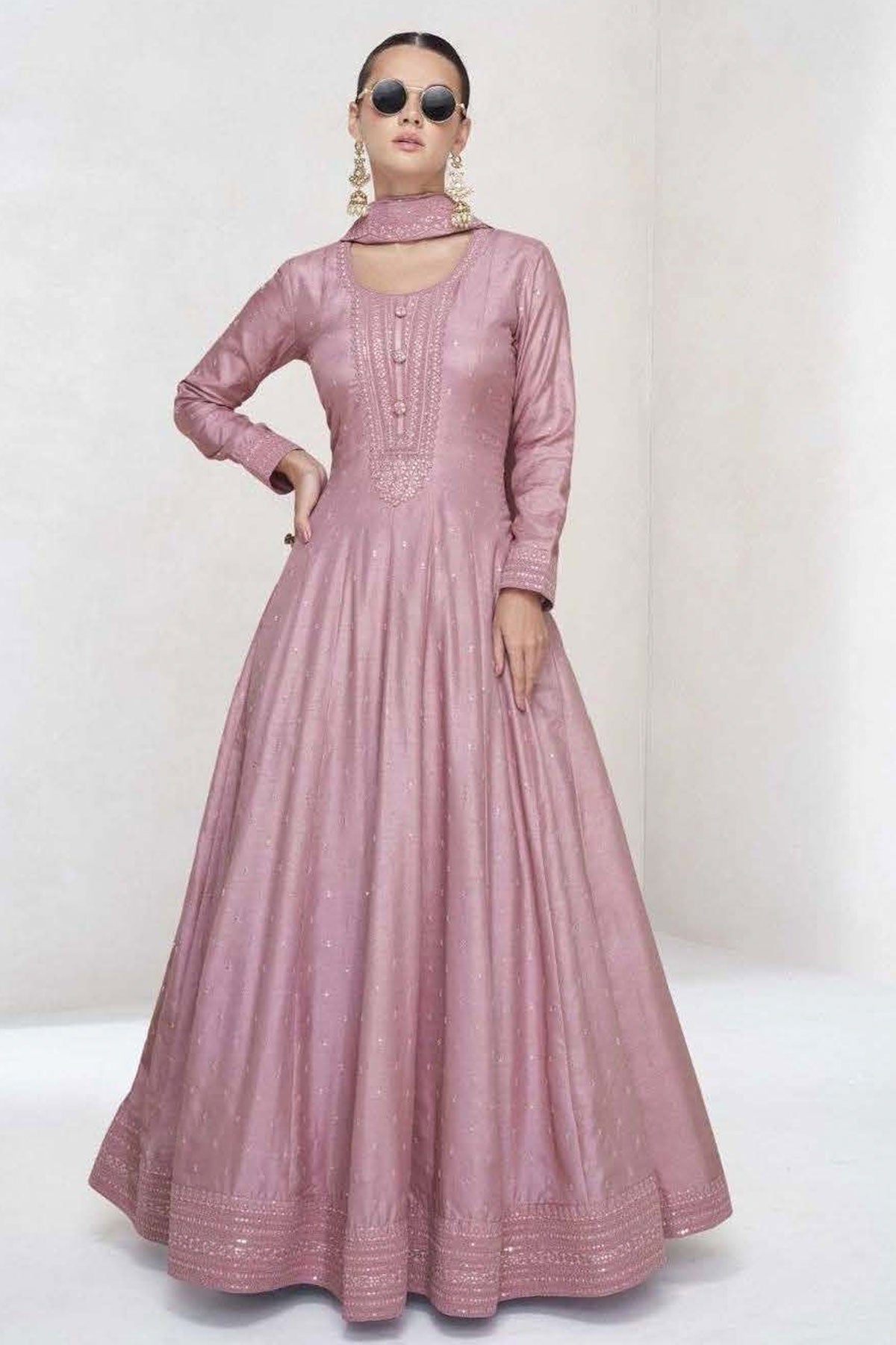 Pink Silk Sequin Embroidered Anarkali Gown