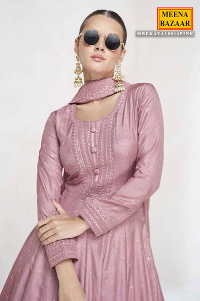 Pink Silk Sequin Embroidered Anarkali Gown