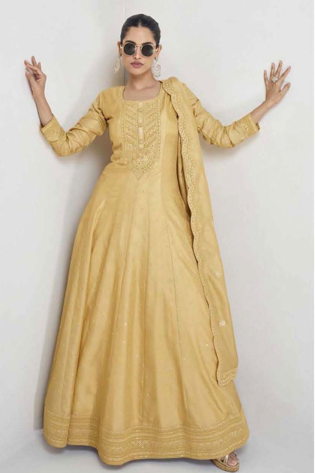 Golden Silk Sequin Embroidered Anarkali Gown