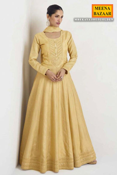 Golden Silk Sequin Embroidered Anarkali Gown