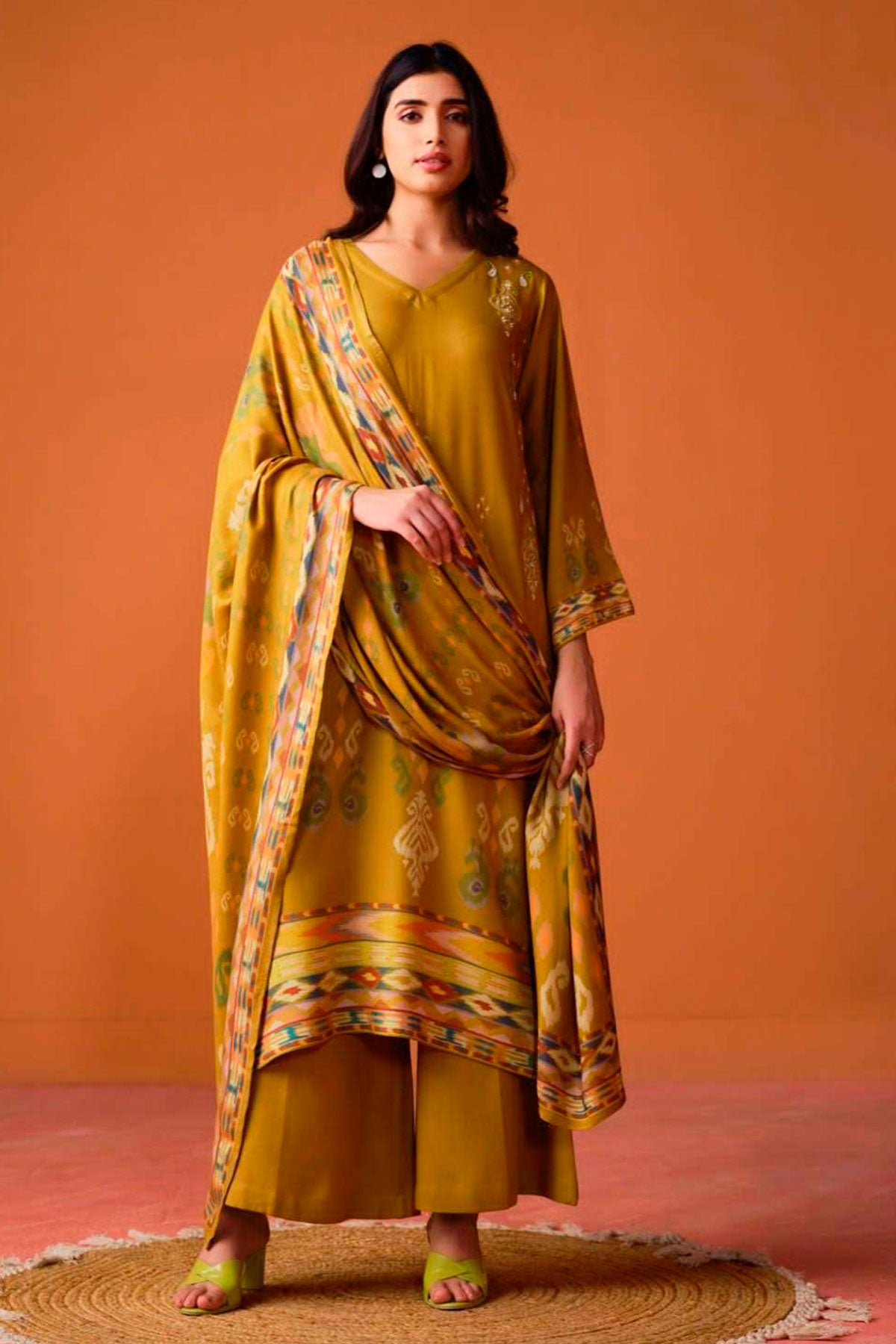 Mustard Muslin Printed Threadwork and Cutdana Embroidered Suit Set
