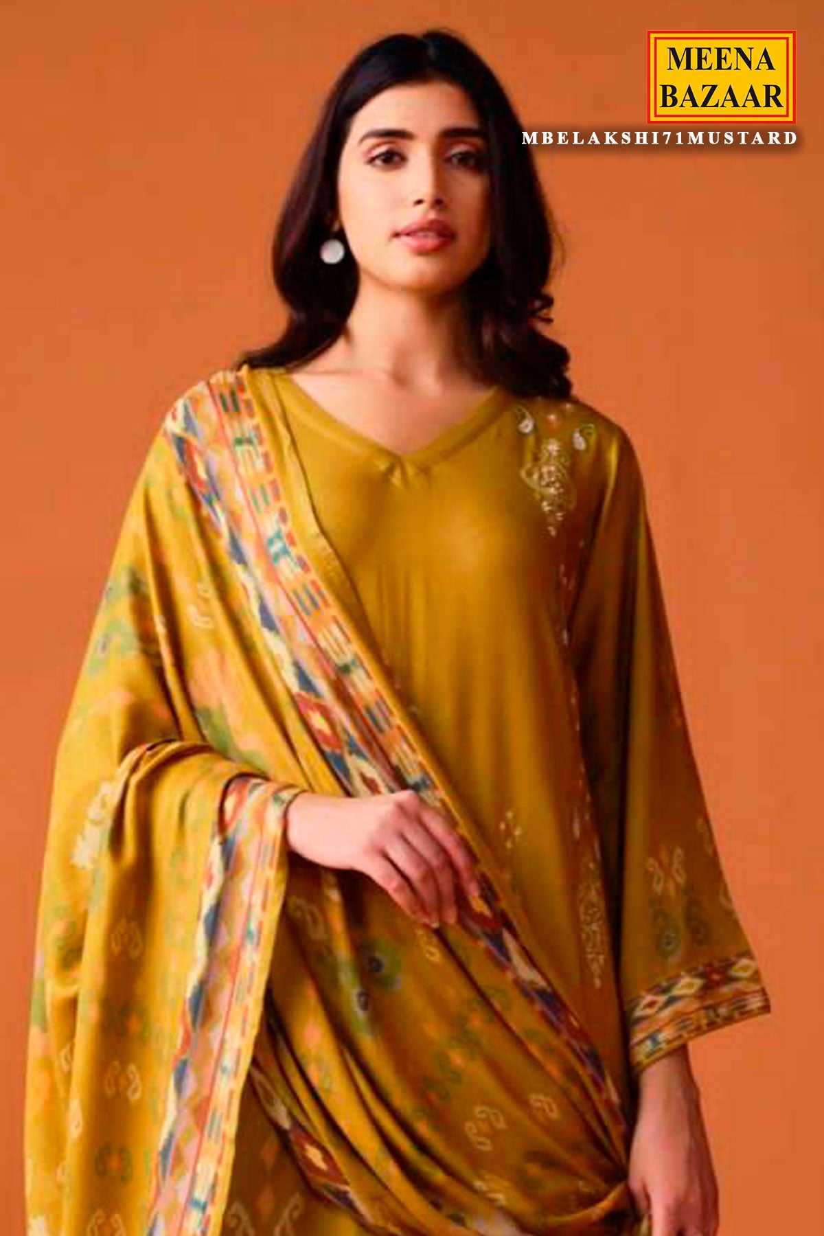 Mustard Muslin Printed Threadwork and Cutdana Embroidered Suit Set