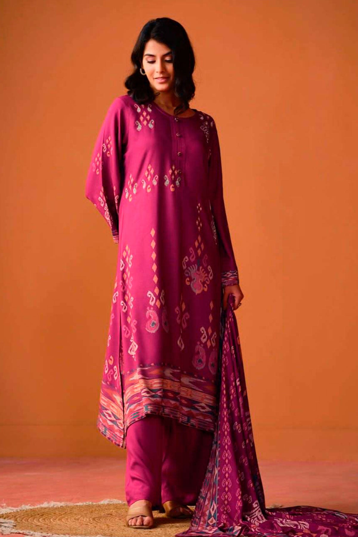 Rani Muslin Printed Threadwork and Cutdana Embroidered Suit Set
