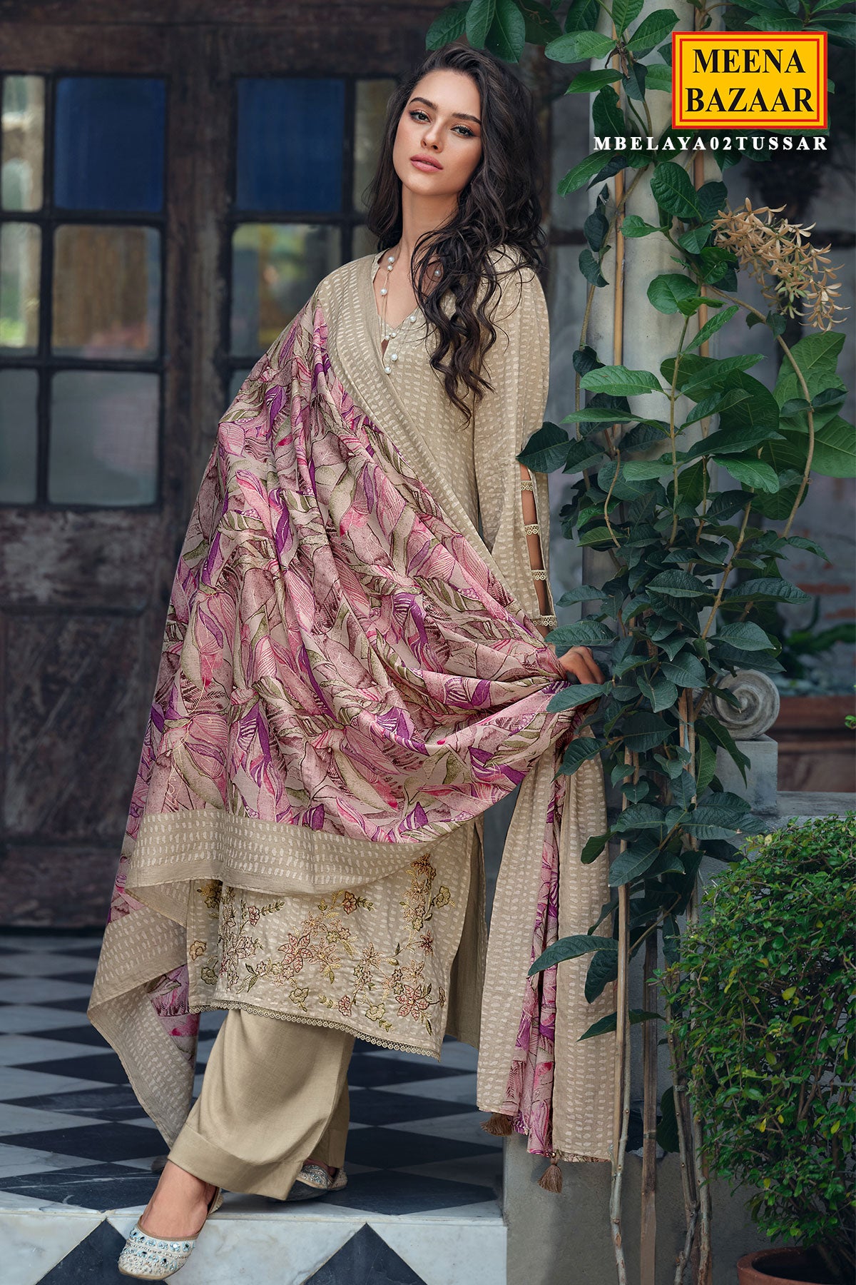 Tussar Thread Zari Embroidered Cotton Printed Suit Set