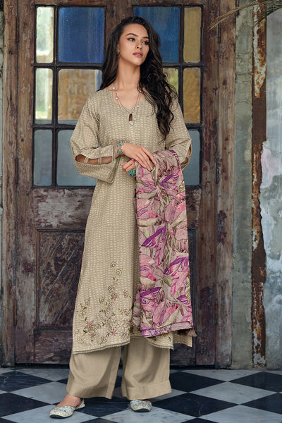 Tussar Thread Zari Embroidered Cotton Printed Suit Set