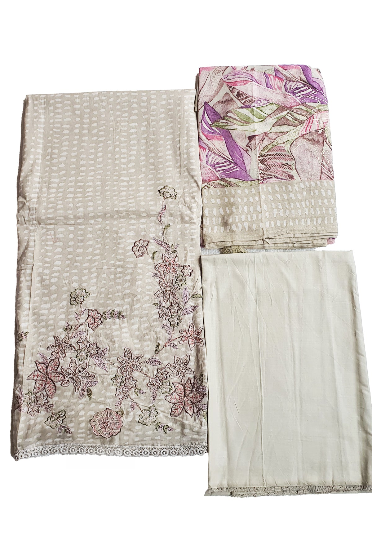 Tussar Thread Zari Embroidered Cotton Printed Suit Set