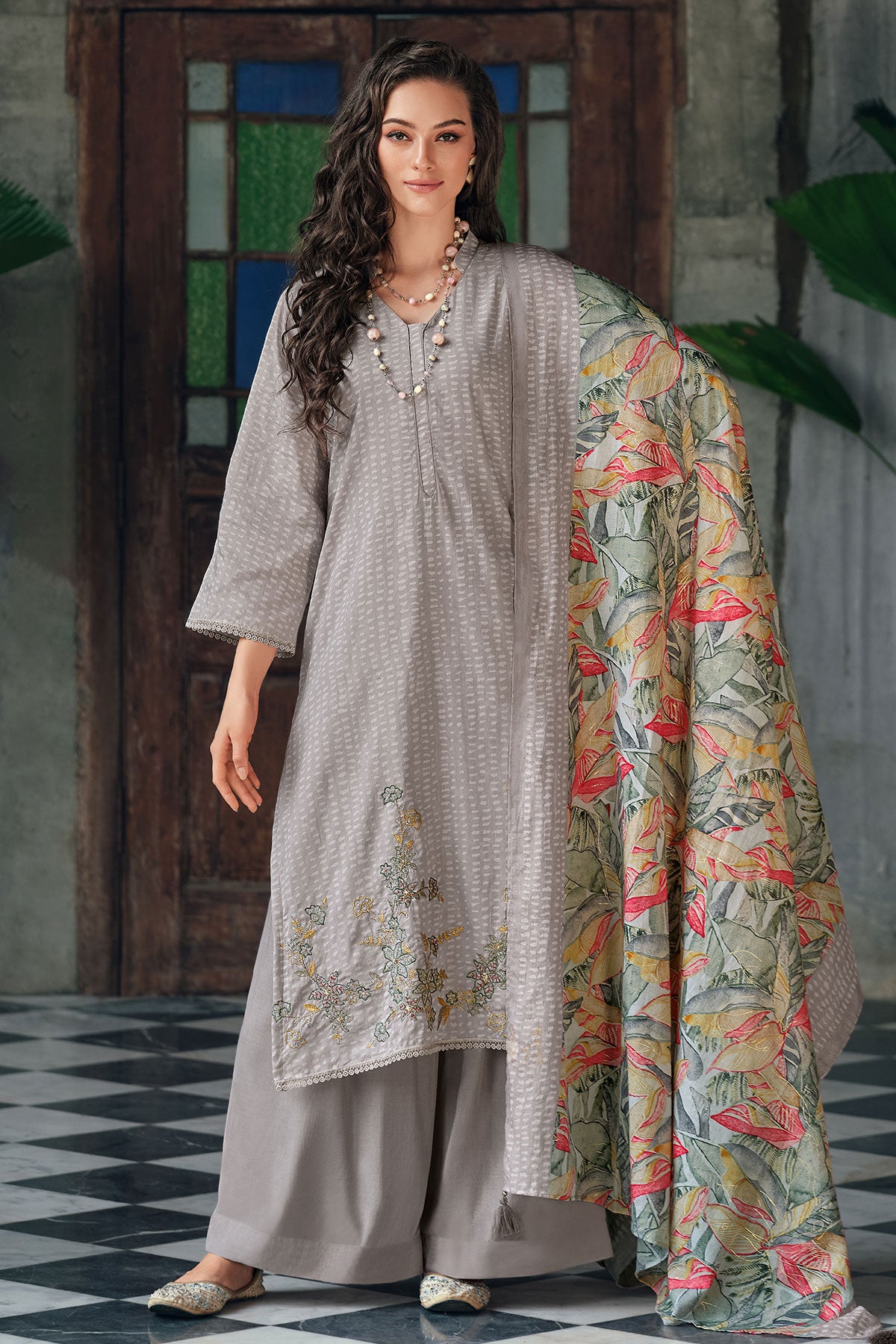 Grey Thread Zari Embroidered Cotton Printed Suit Set