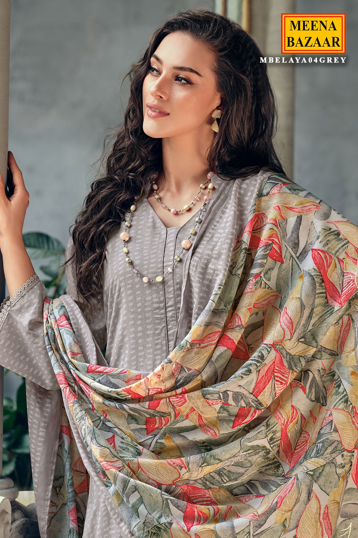 Grey Thread Zari Embroidered Cotton Printed Suit Set