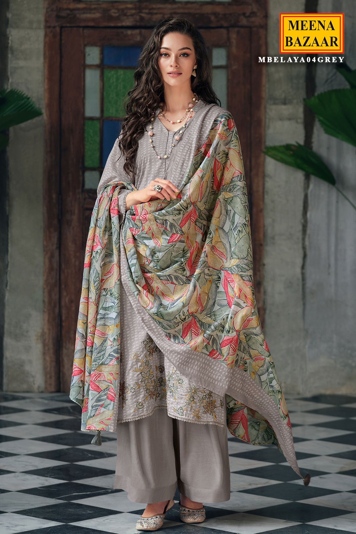 Grey Thread Zari Embroidered Cotton Printed Suit Set