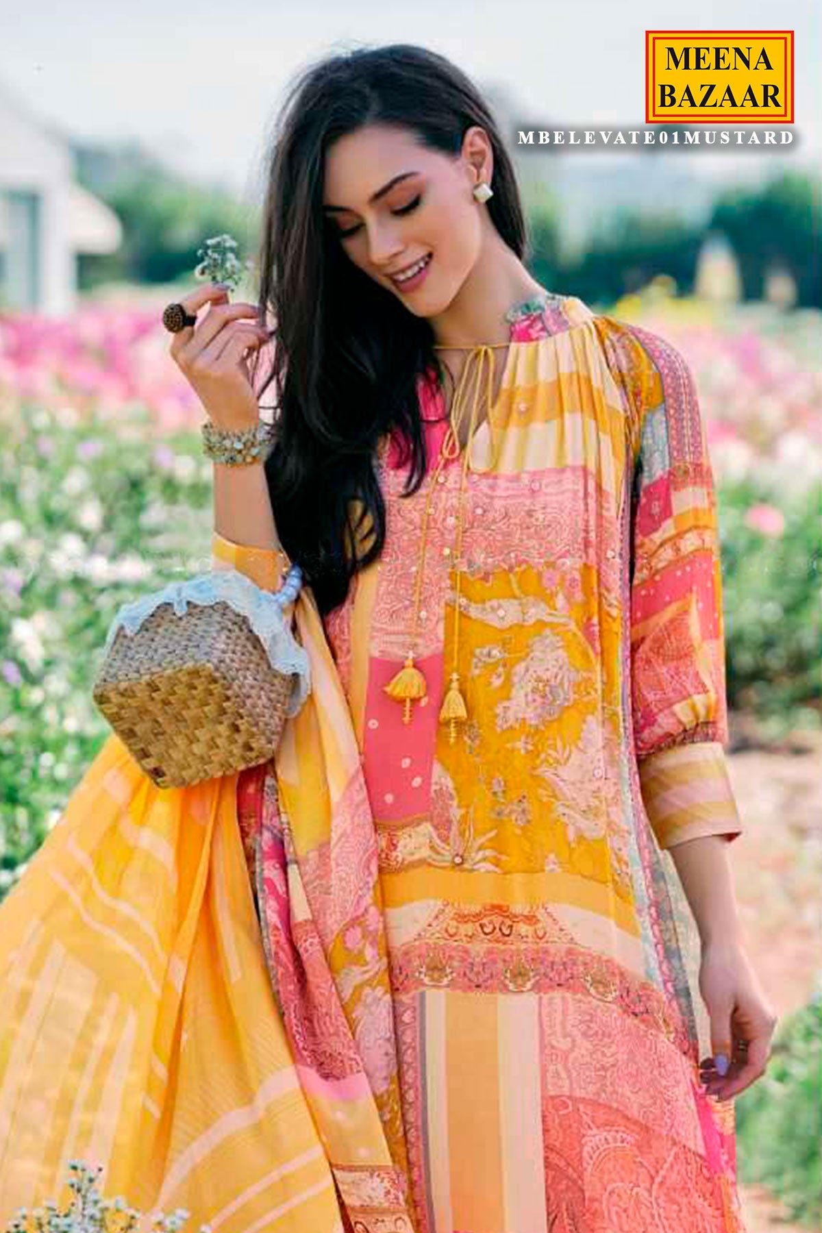 Mustard Chinon Printed Beads and Sequins Embroidered Suit Set