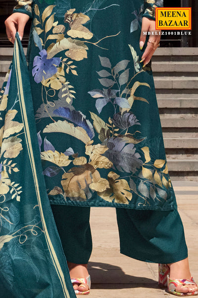 Floral Printed Blue Pashmina Unstitched Suit Set