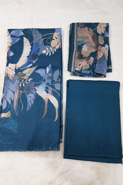 Floral Printed Blue Pashmina Unstitched Suit Set