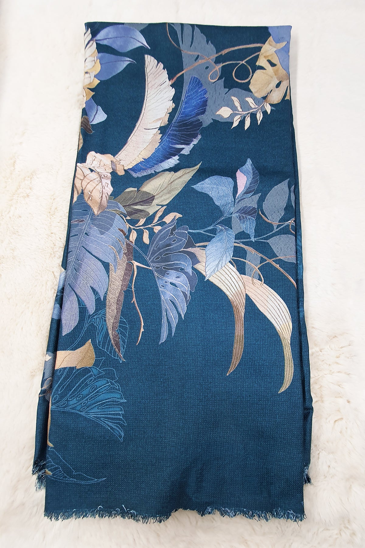 Floral Printed Blue Pashmina Unstitched Suit Set