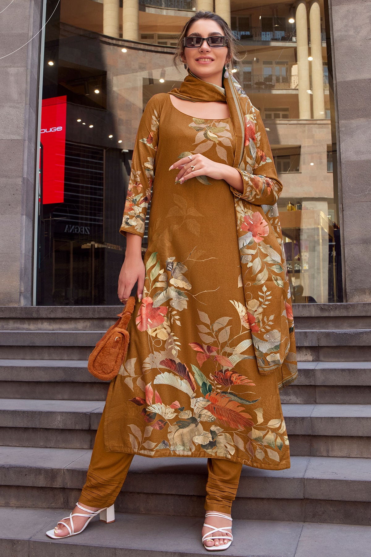 Floral Printed Mustard Pashmina Unstitched Suit Set