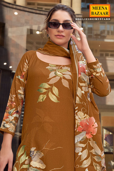 Floral Printed Mustard Pashmina Unstitched Suit Set