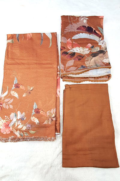 Floral Printed Mustard Pashmina Unstitched Suit Set