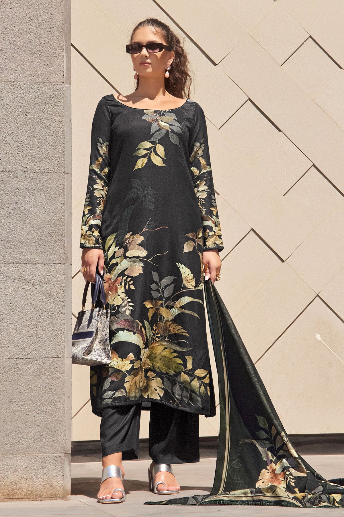 Floral Printed Black Pashmina Unstitched Suit Set