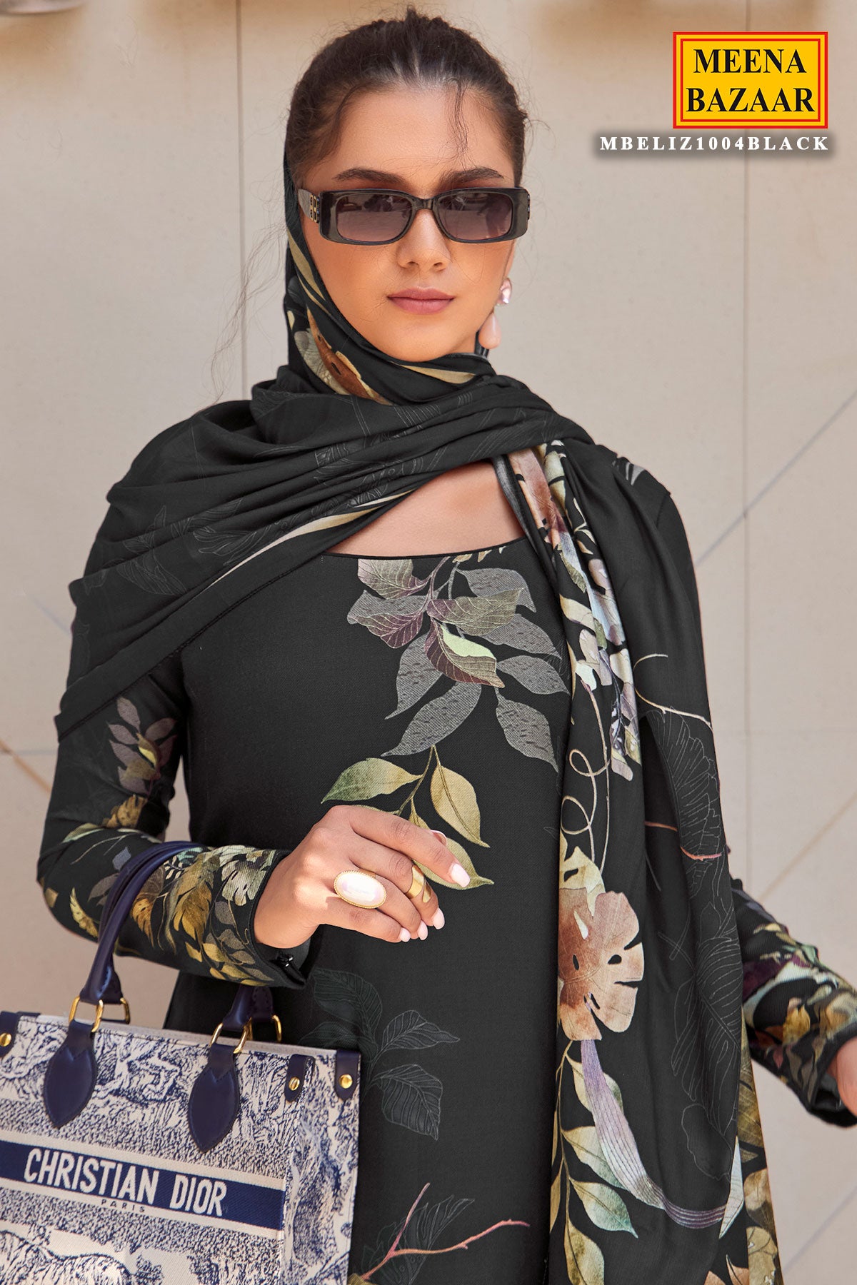 Floral Printed Black Pashmina Unstitched Suit Set