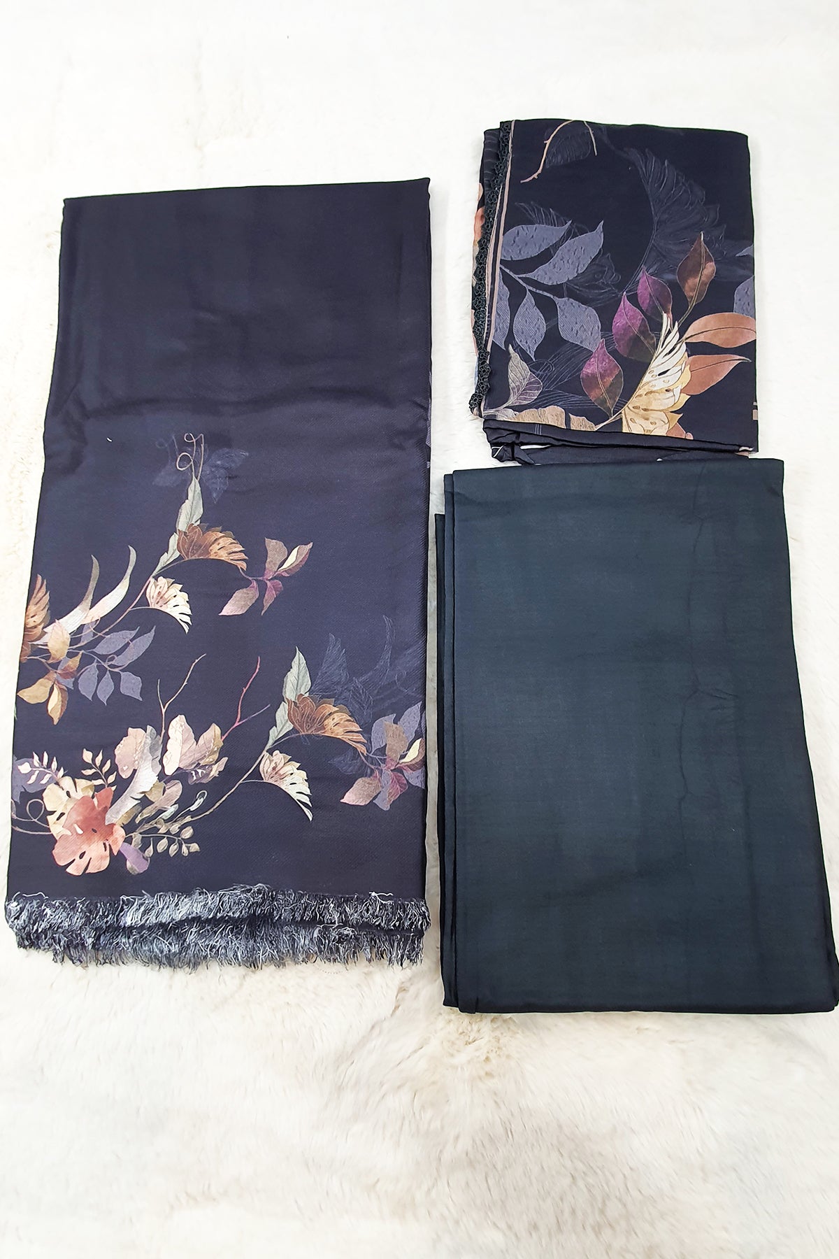 Floral Printed Black Pashmina Unstitched Suit Set