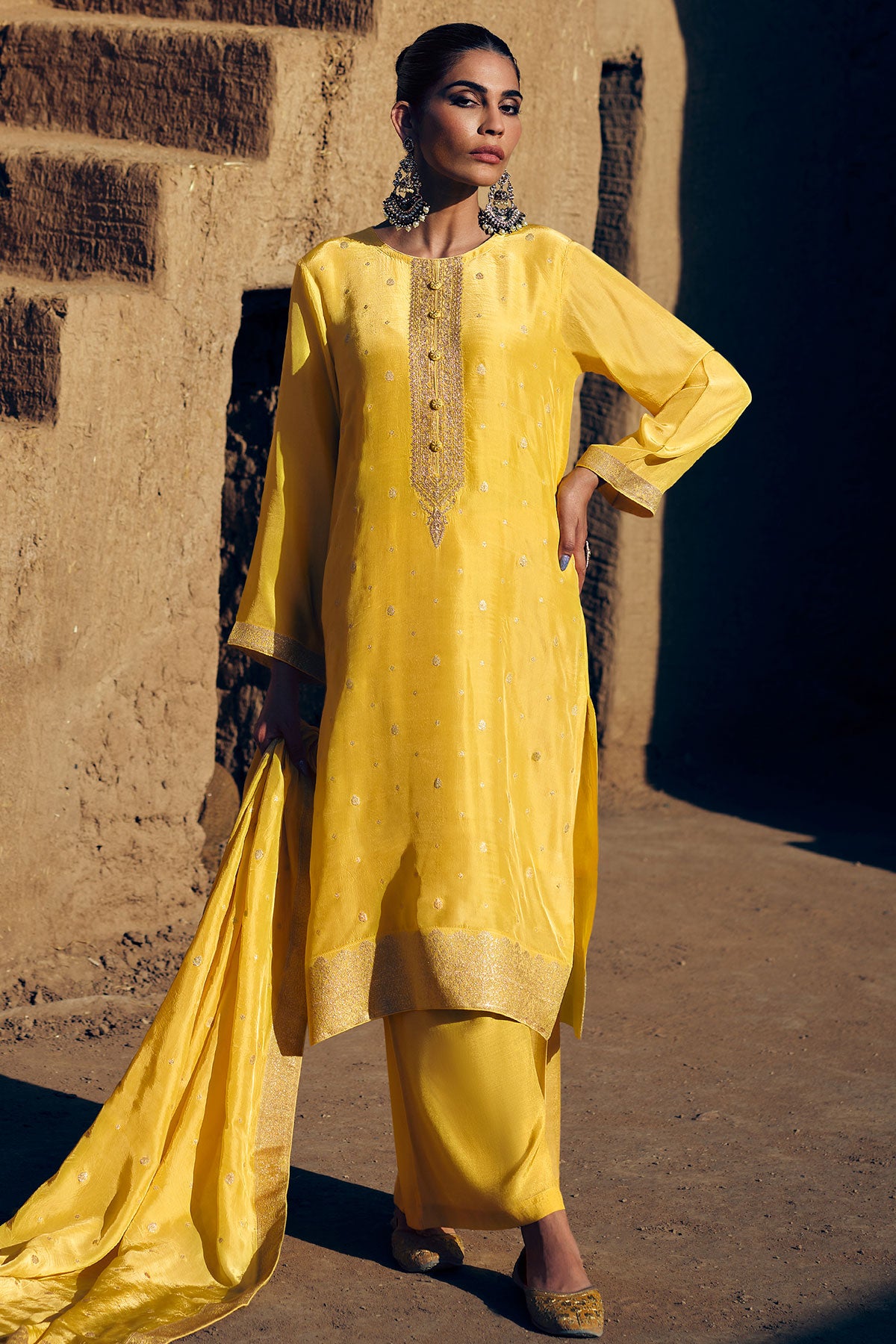 Mustard Crepe Silk Zari Embroidered Suit Set