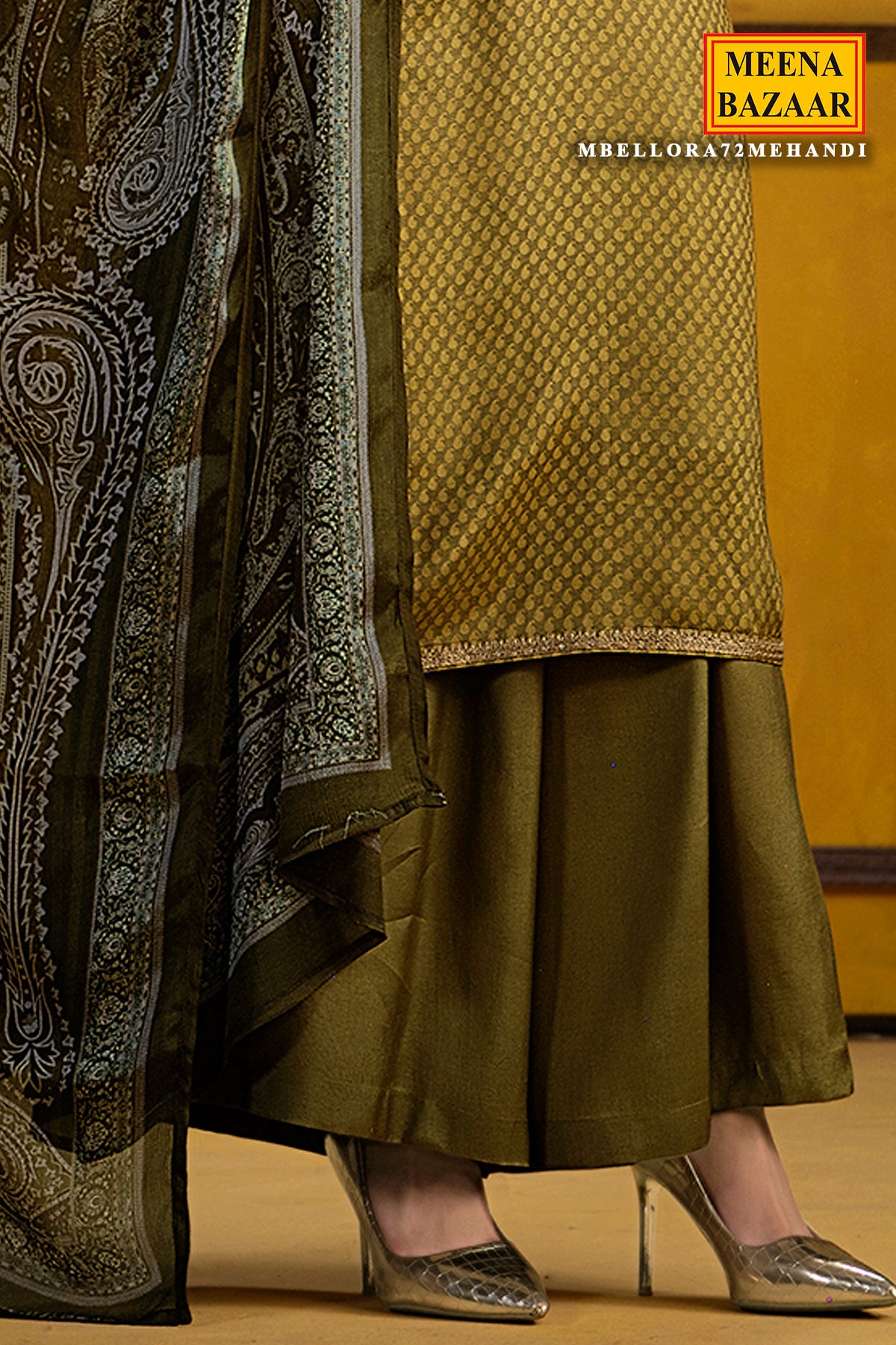 Mehandi Muslin Printed Threadwork, Sequins, Zari Embroidered Suit Set