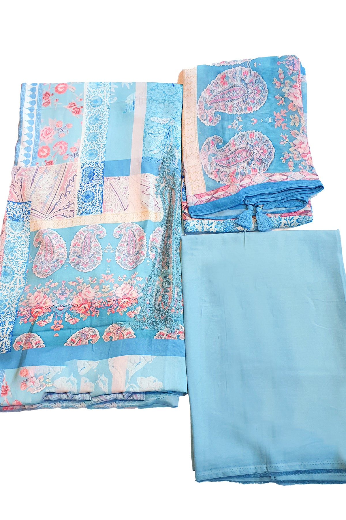 Firozi Modal Satin Printed Threadwork and Zari Embroidered Suit Set