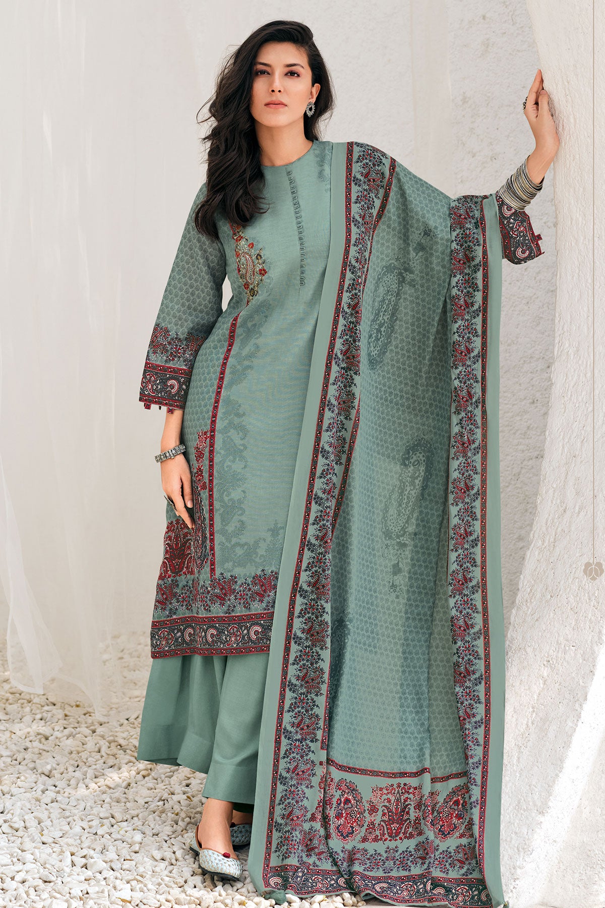 Sea Green Thread Embroidered Cotton Printed Unstitched Suit