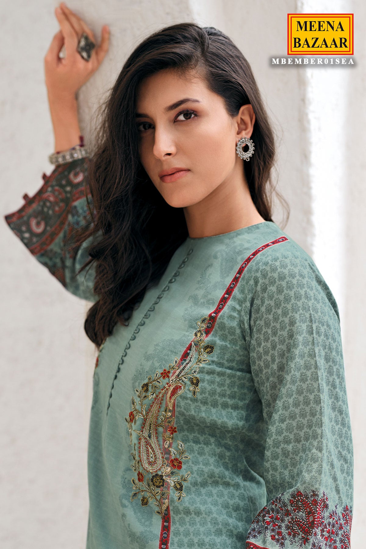 Sea Green Thread Embroidered Cotton Printed Unstitched Suit