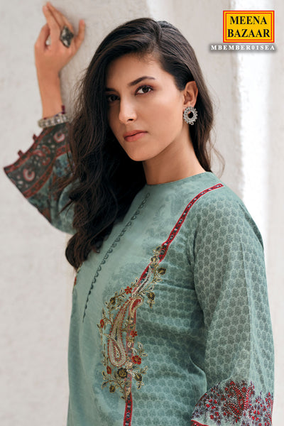 Sea Green Thread Embroidered Cotton Printed Unstitched Suit