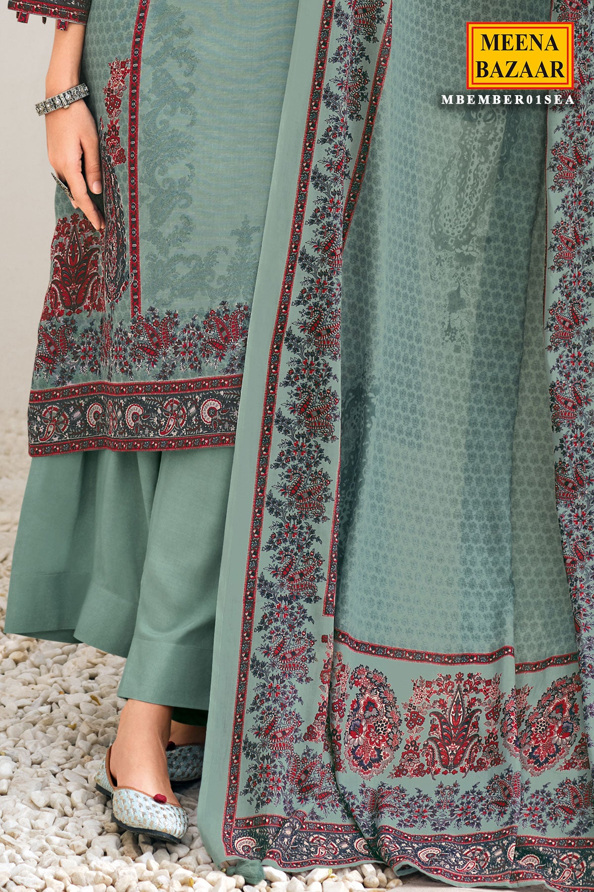 Sea Green Thread Embroidered Cotton Printed Unstitched Suit