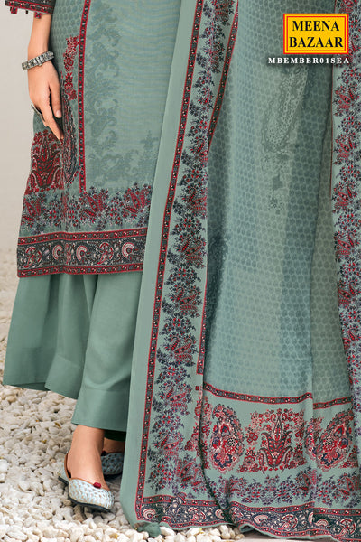 Sea Green Thread Embroidered Cotton Printed Unstitched Suit