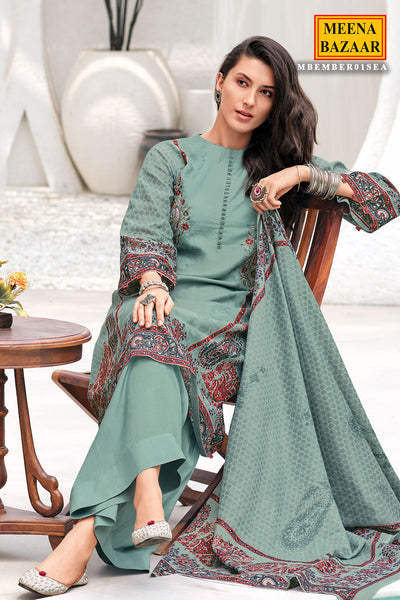 Sea Green Thread Embroidered Cotton Printed Unstitched Suit