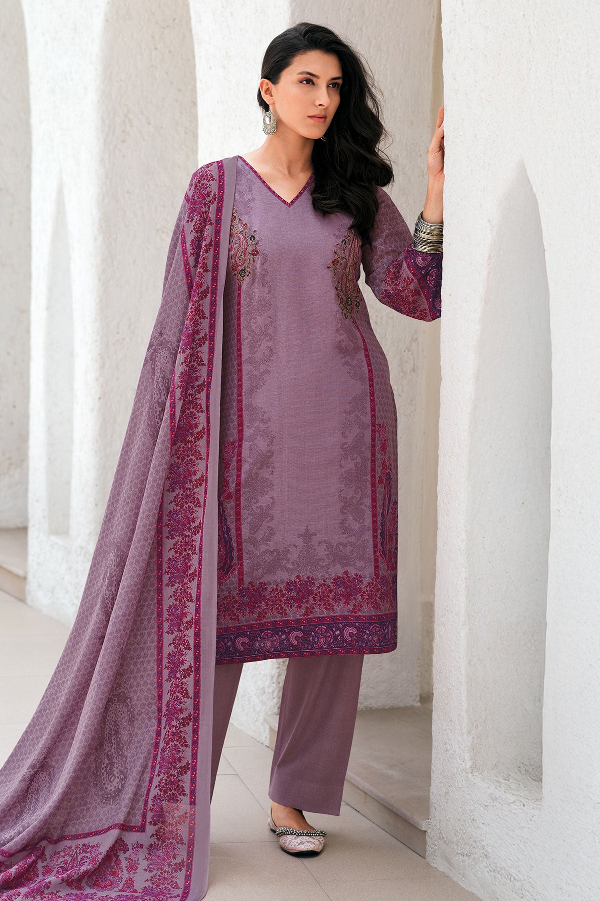 Mauve Thread Embroidered Cotton Printed Unstitched Suit