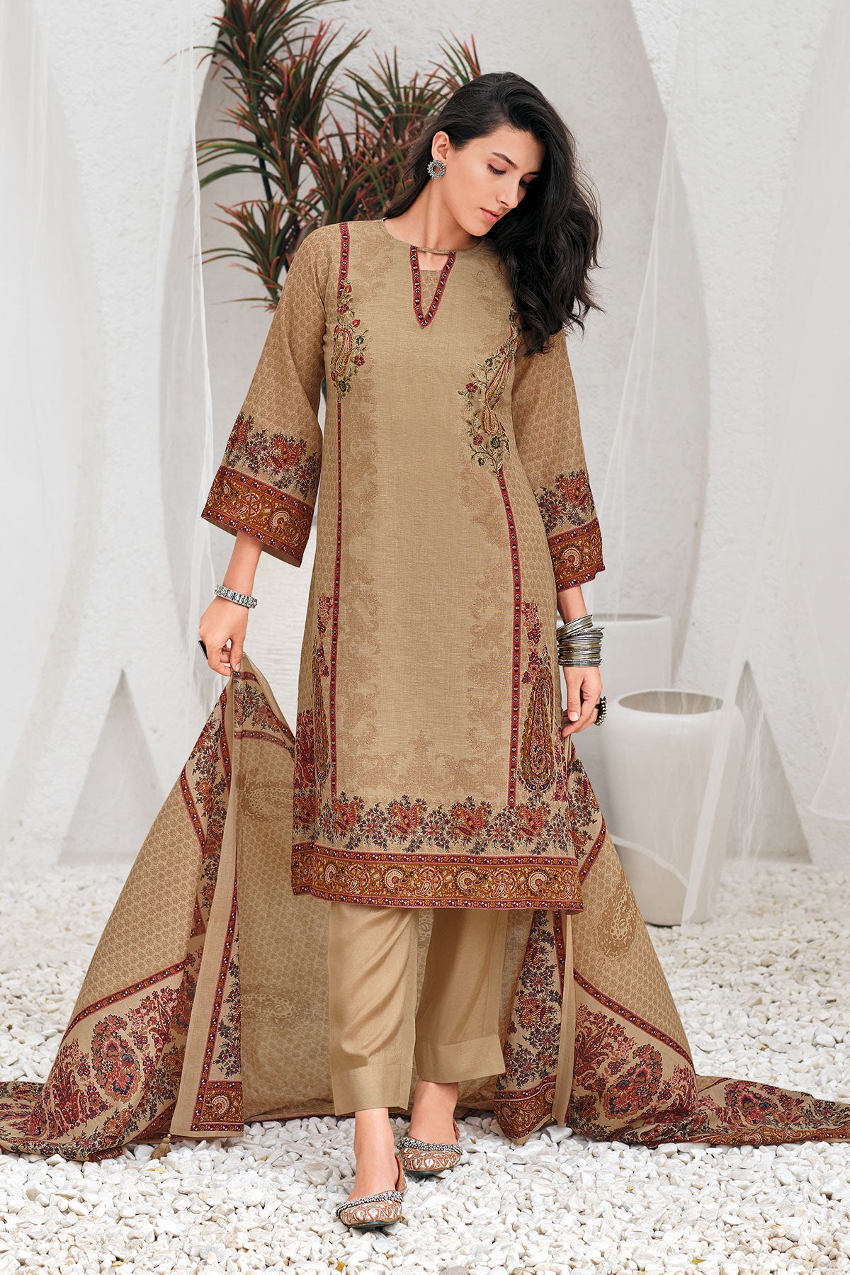 Tussar Thread Embroidered Cotton Printed Unstitched Suit