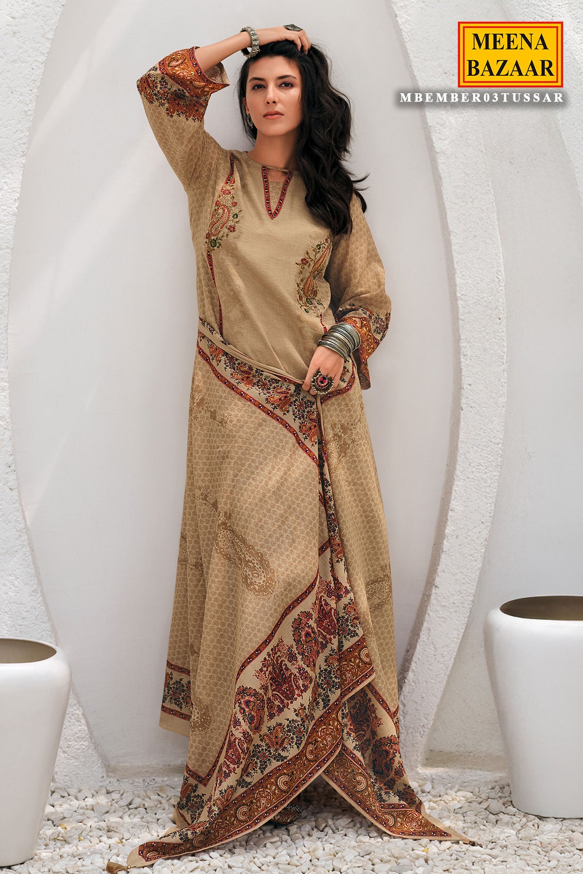 Tussar Thread Embroidered Cotton Printed Unstitched Suit