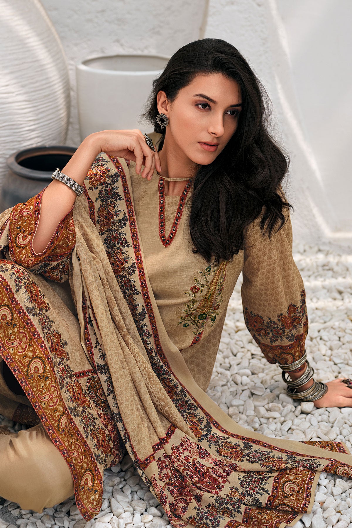 Tussar Thread Embroidered Cotton Printed Unstitched Suit