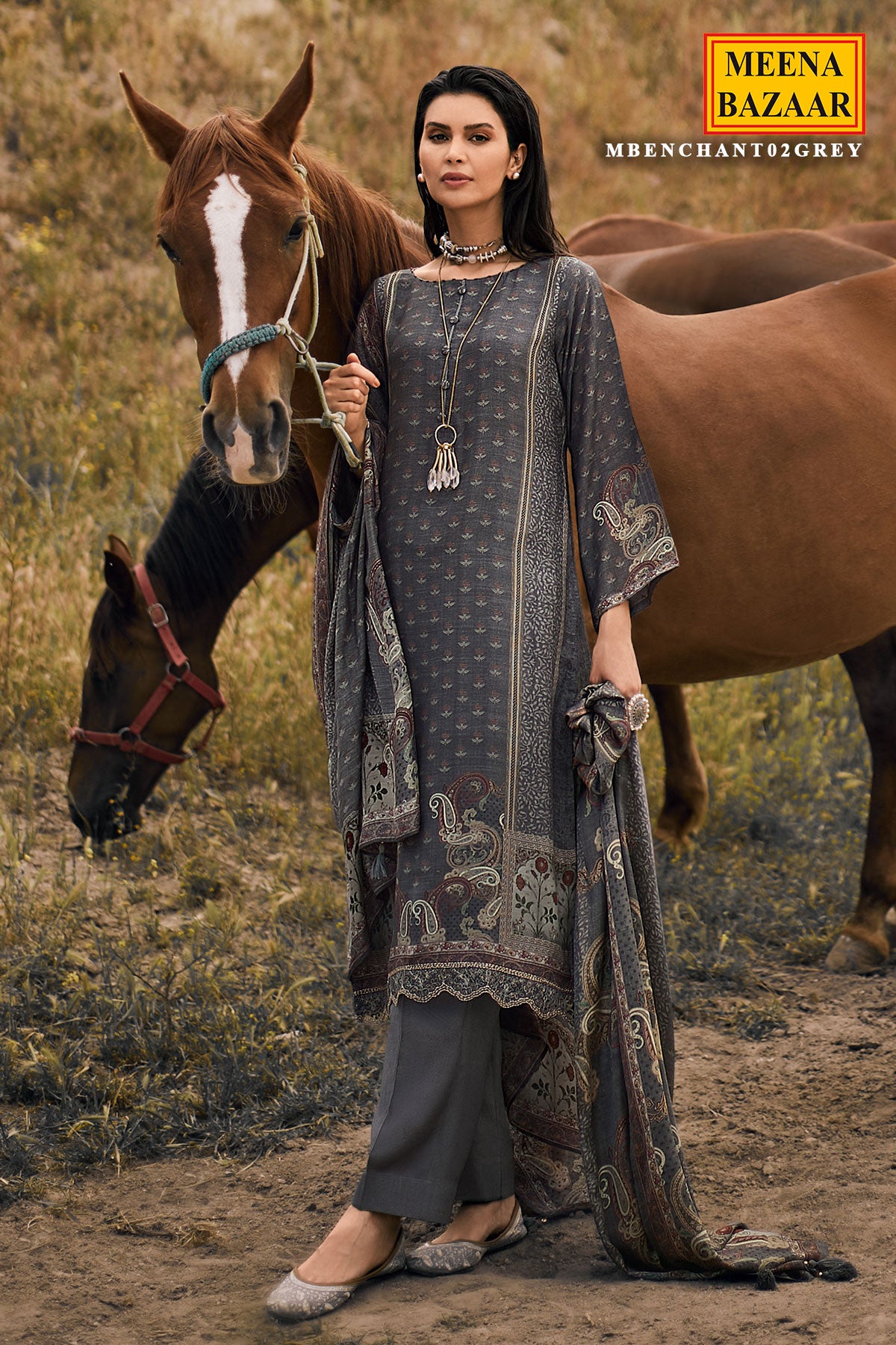 Grey Muslin Digital Printed Suit Set with Embroidered Border