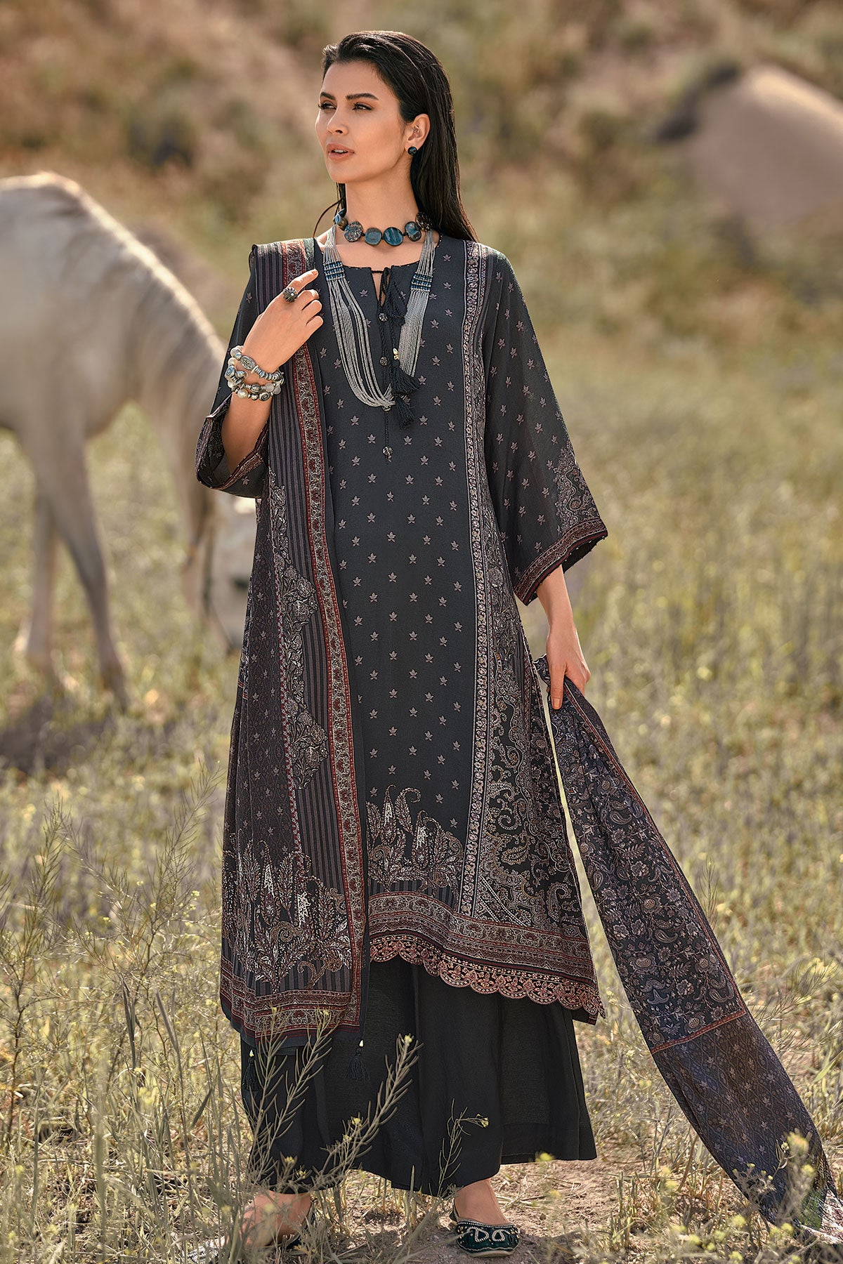 Black Muslin Digital Printed Suit Set with Embroidered Border