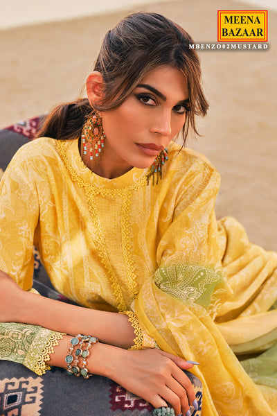 Yellow and Green Ombre Cotton Lace Embroidered Suit Set