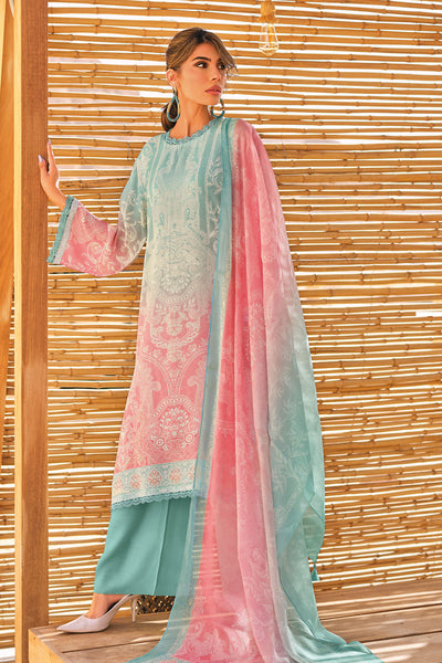 Firozi and Pink Ombre Cotton Lace Embroidered Suit Set