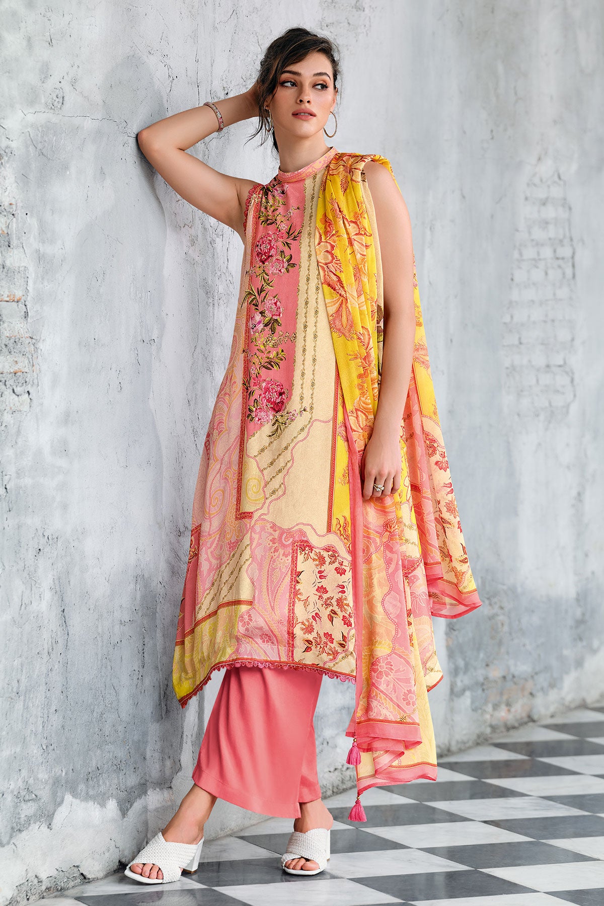 Gajari Muslin Floral Printed Sequin Embroidered Unstitched Suit