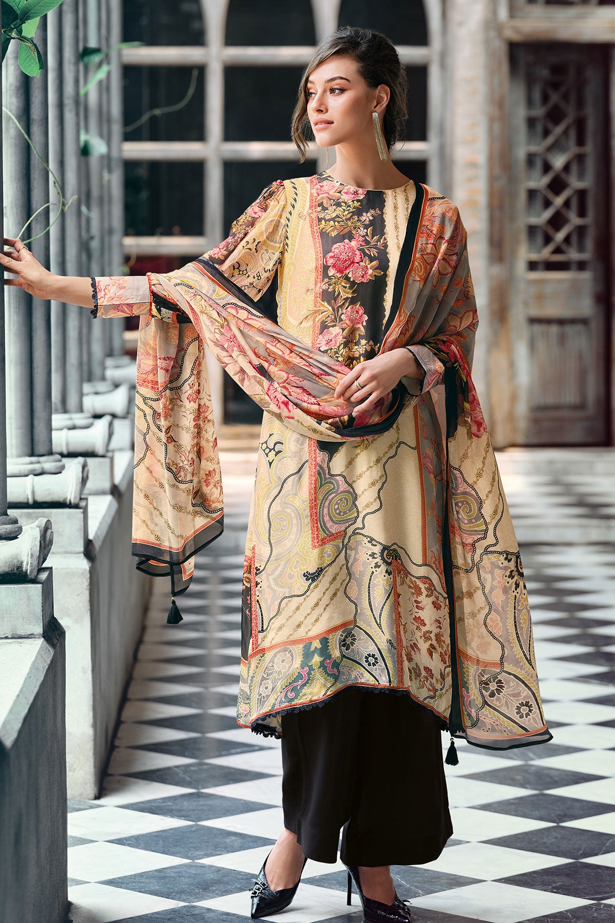 Black Muslin Floral Printed Sequin Embroidered Unstitched Suit