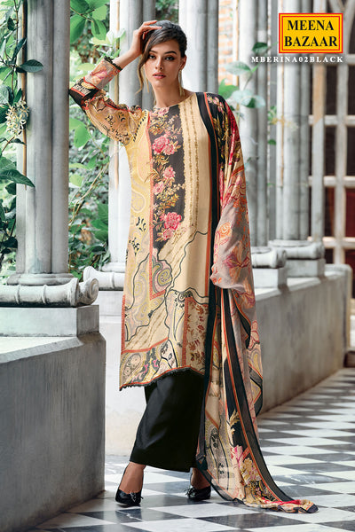 Black Muslin Floral Printed Sequin Embroidered Unstitched Suit