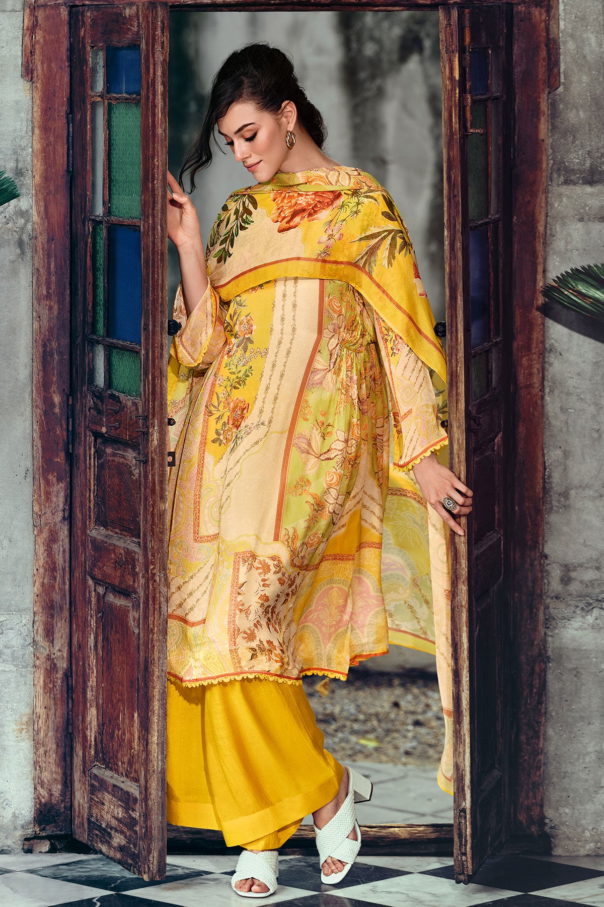 Mustard Muslin Floral Printed Sequin Embroidered Unstitched Suit