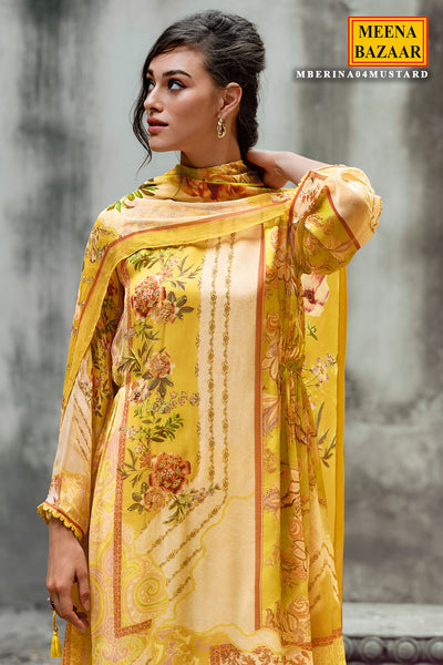 Mustard Muslin Floral Printed Sequin Embroidered Unstitched Suit