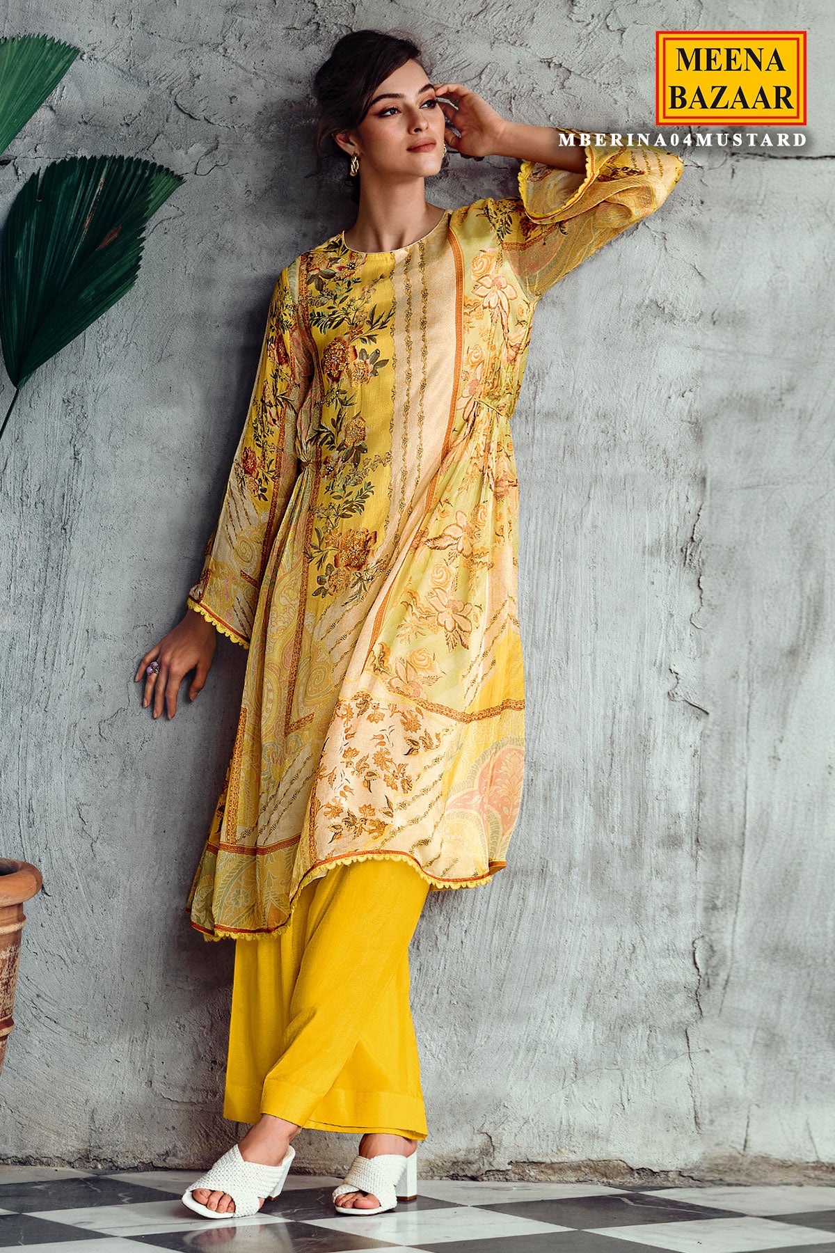 Mustard Muslin Floral Printed Sequin Embroidered Unstitched Suit