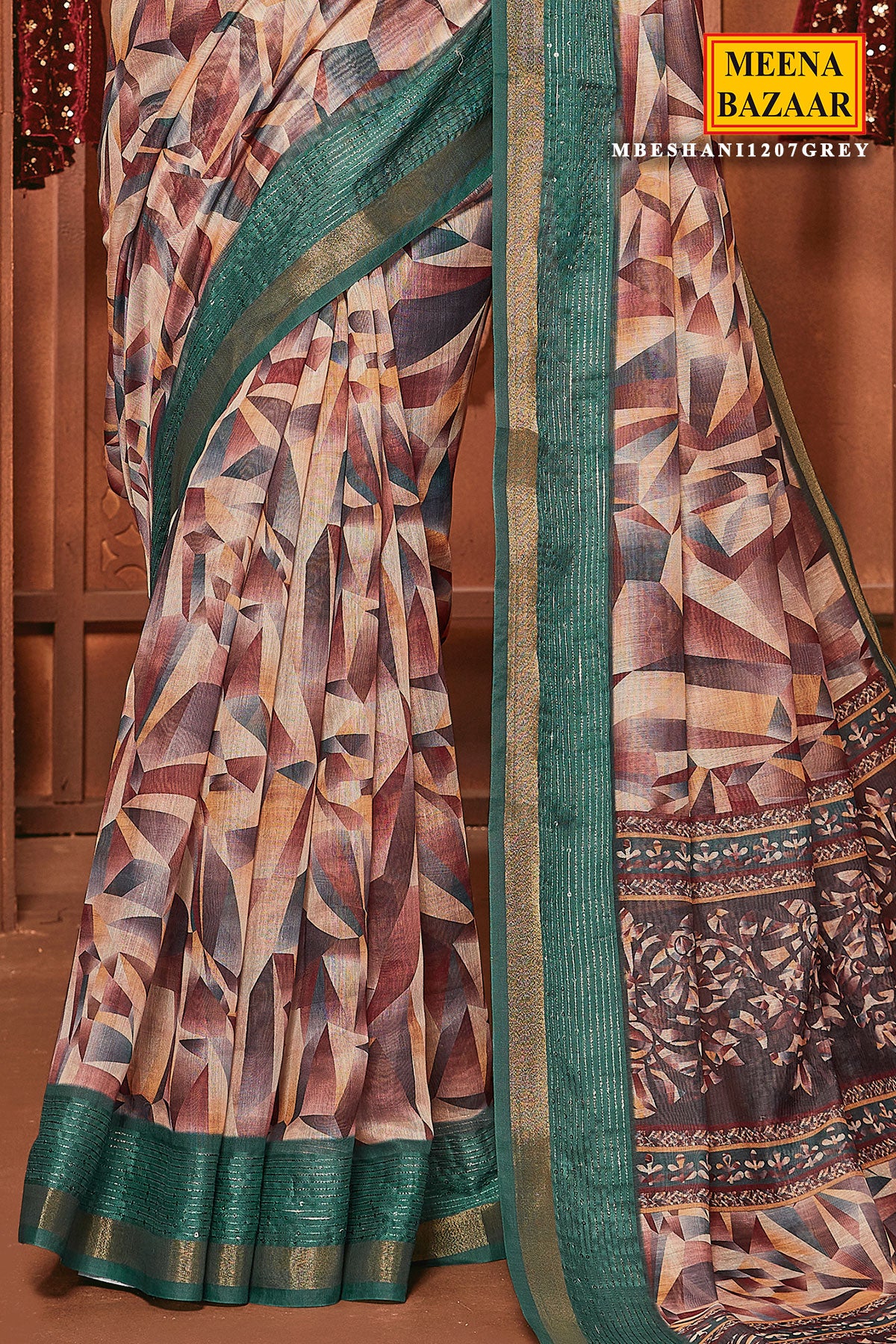Grey With Green Cotton Blend Woven Saree