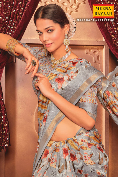 Grey Cotton Blend Sequin Embroidered Saree